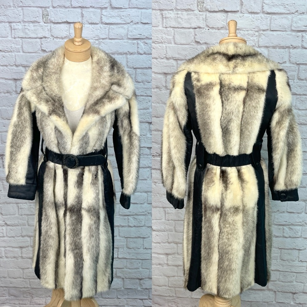 Cross Mink Vintage Mobwife Fitted Real Fur Coat with Leather Belt Size Small